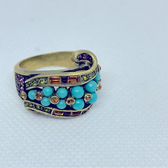 Heidi Daus Jewelry - Heidi Daus Signed Turquoise Gold Tone Gold Green Purple Statement Ring, Sz 10